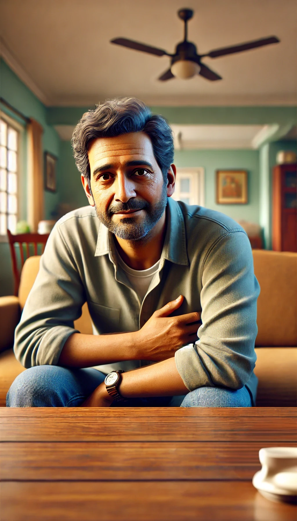 DALL·E 2024-11-03 15.35.02 – A realistic close-up image of an Indian man in his 40s sitting on a sofa in a modest middle-class home, appearing relieved and relaxed. The man has a DALL·E 2024-11-03 15.35.02 - A realistic close-up image of an Indian man in his 40s sitting on a sofa in a modest middle-class home, appearing relieved and relaxed. The man has a